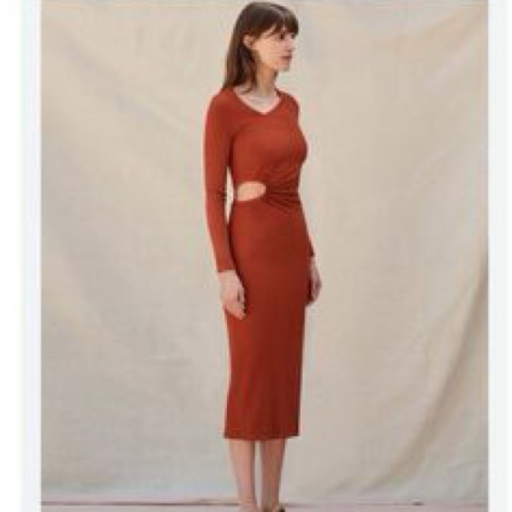 NWT Sundry Orange Rust Ribbed Bodycon Midi Dress Cutout Waist Long Sleeve